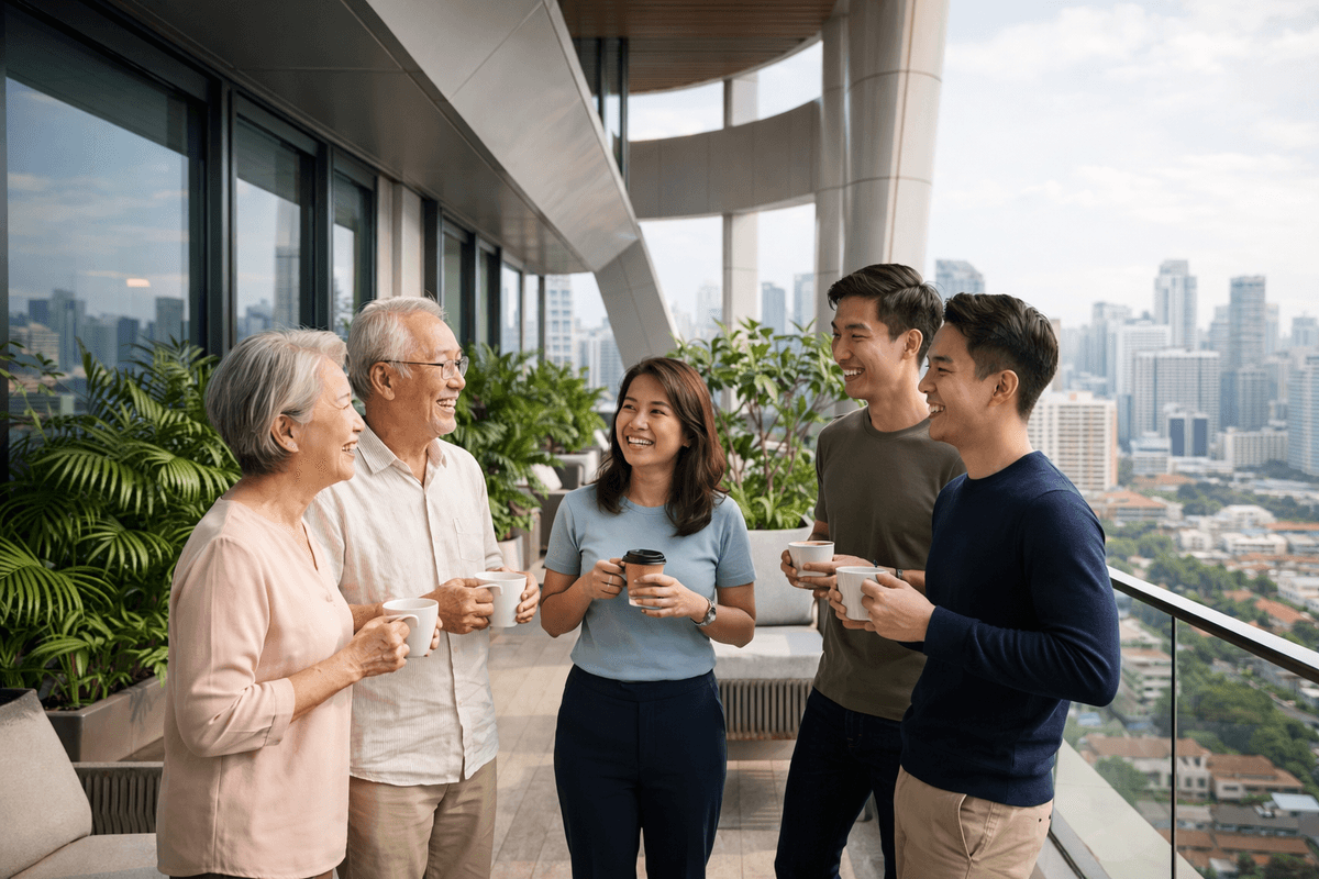 Família feliz celebrando estabilidade financeira